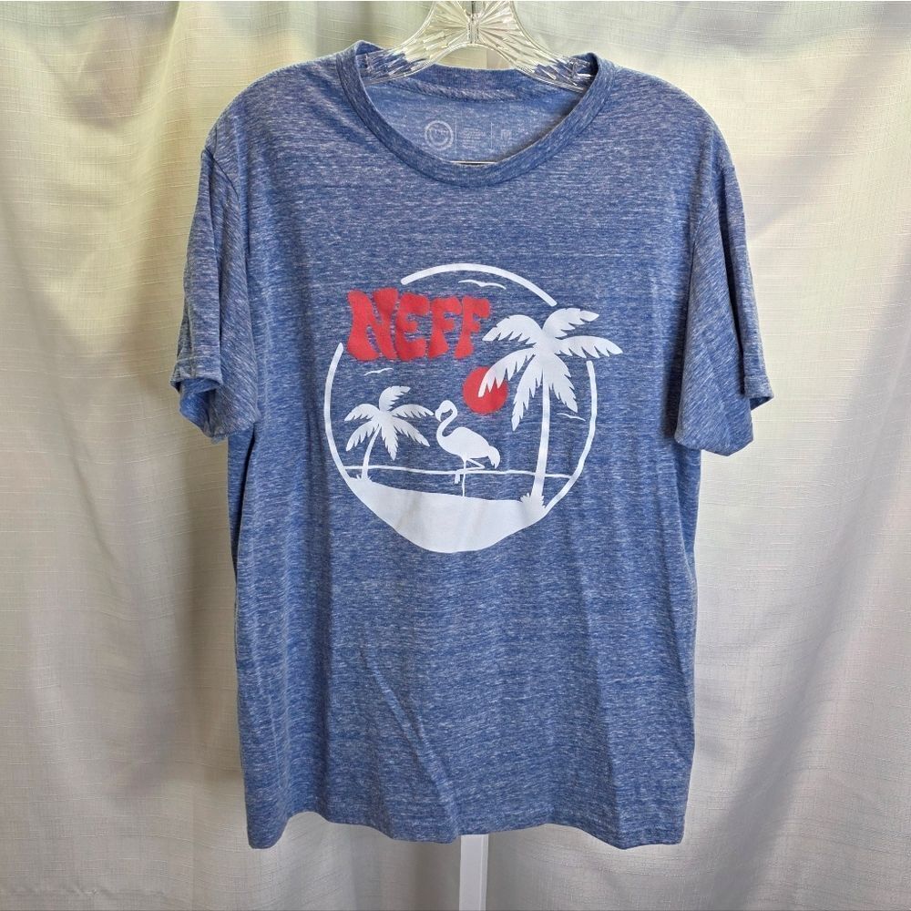 Neff Heather Blue Tropical Print Logo Tee Size Medium